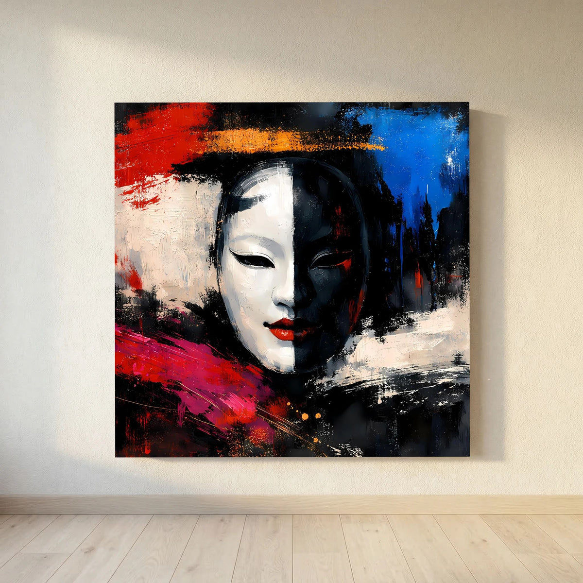 Pop-Art-Leinwandbild: Geisha-Maske mit geschlossenen Augen, weißes Gesicht und rot-blauem Farbverlauf