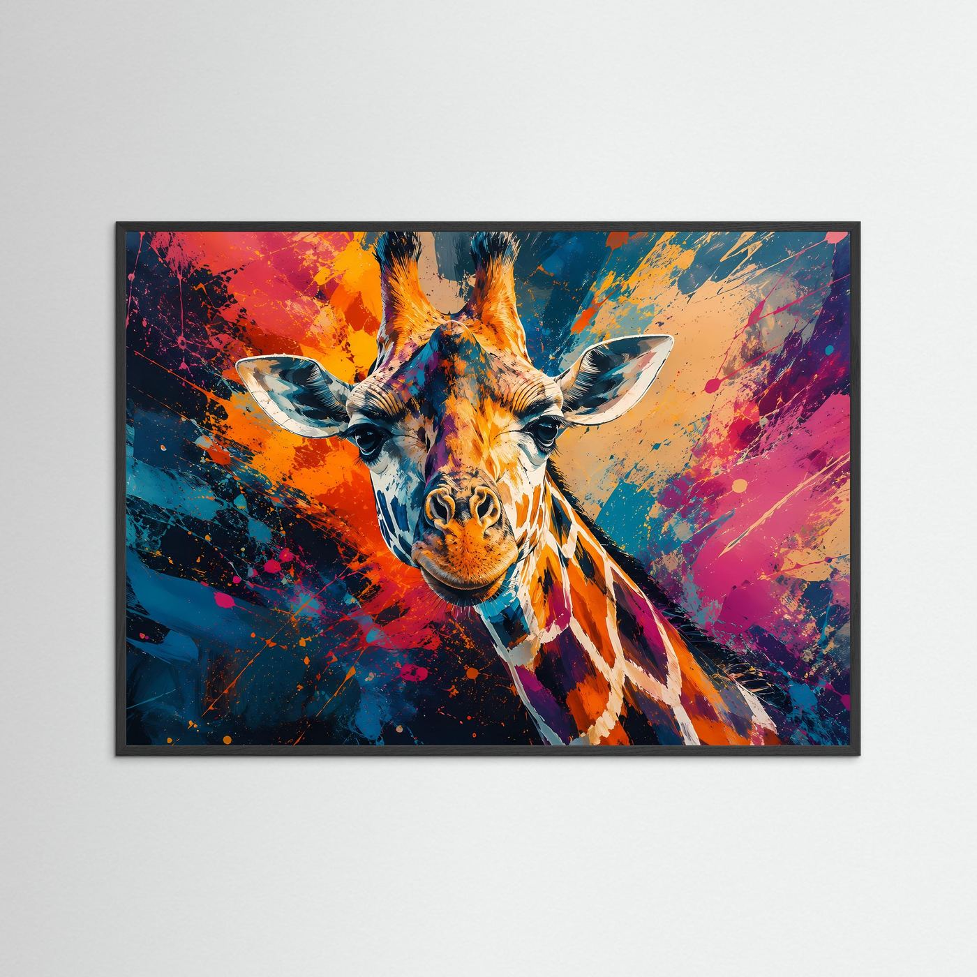 Farbenfrohe Giraffe im Pop-Art Stil | Modernes Tier & Splash-Art Poster im Querformat