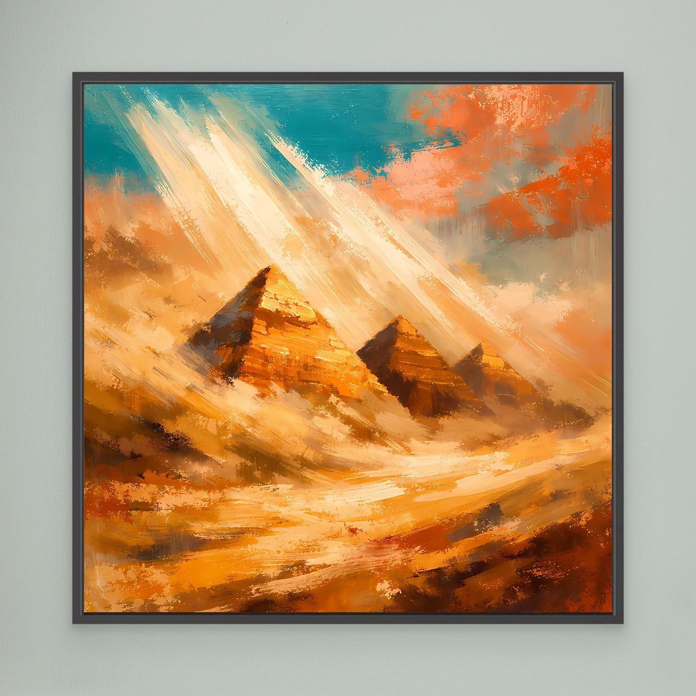 Leinwand-Wandbild mit abstrakten Pyramiden in Orange und Blau, schwarzer Rahmen
