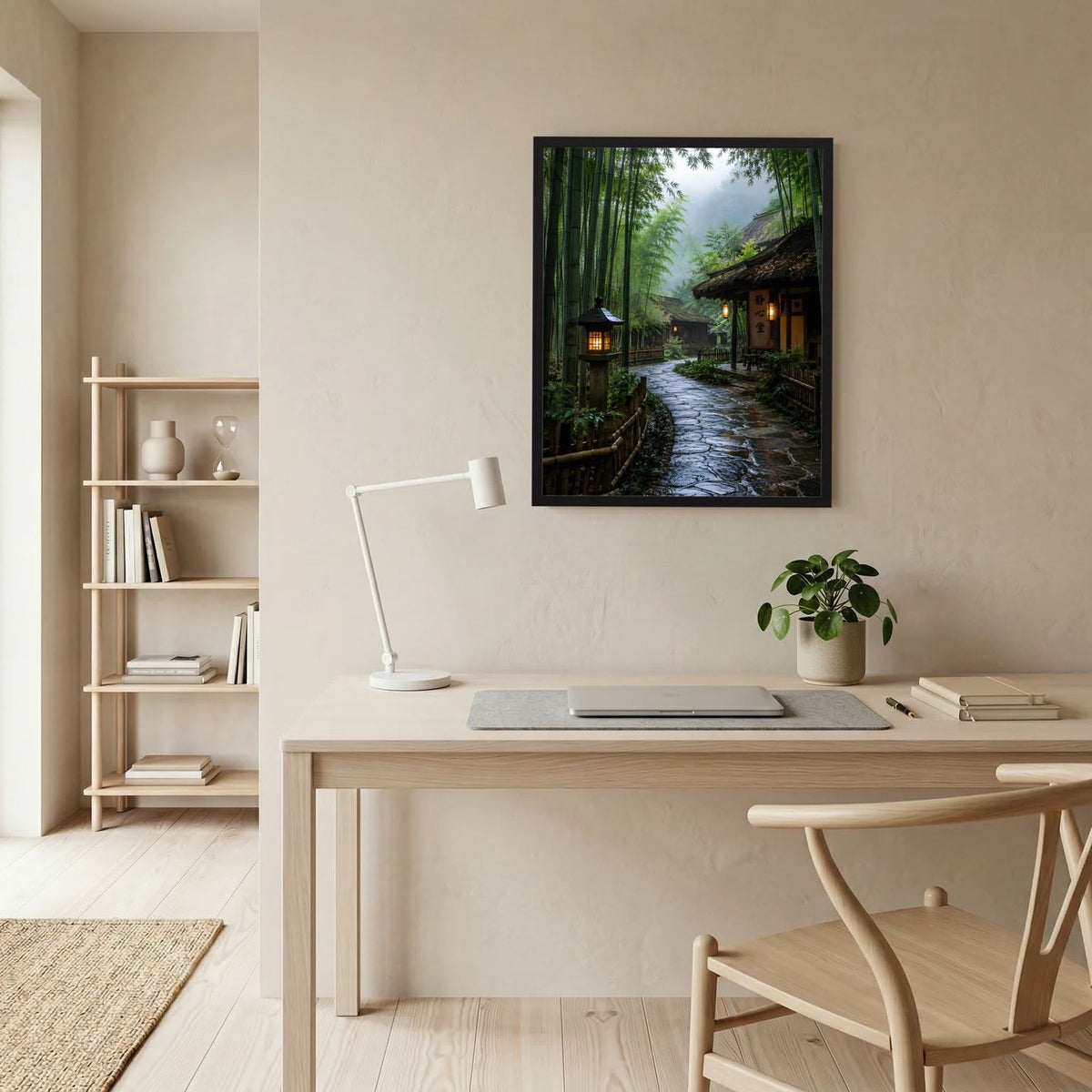 Wandkunst im Hochformat: Zen-Gasse durch Bambuswald mit Laternenlicht