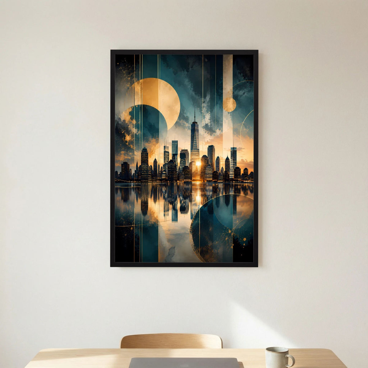 Poster im Hochformat: goldene Halbmonde und Wolken über Manhattan-Skyline in Petrol, schwarz gerahmt.