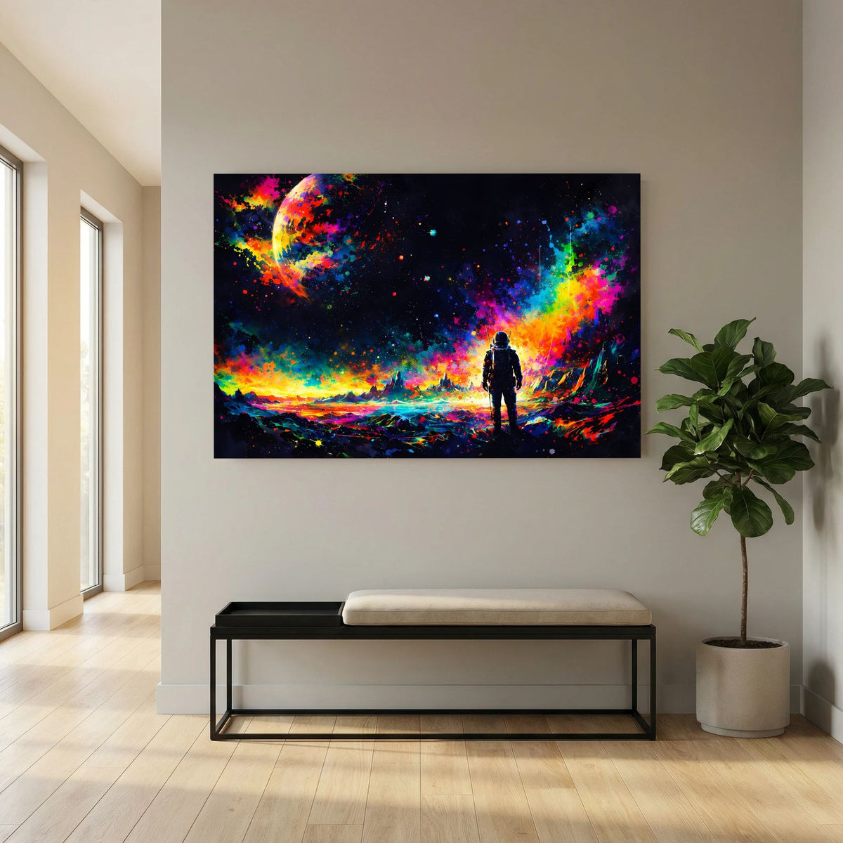 Weltraum-Poster mit Astronautensilhouette und Regenbogen-Lichtspur im Hintergrund