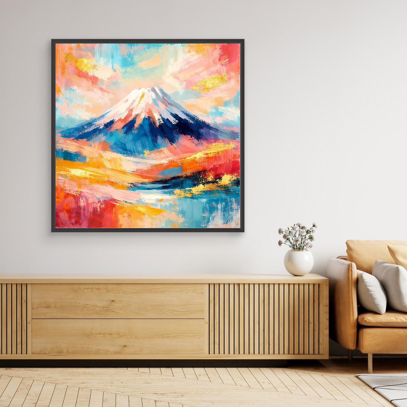 Leinwandbild abstrakter Mount Fuji mit bunten Farben, schwarzer Rahmen