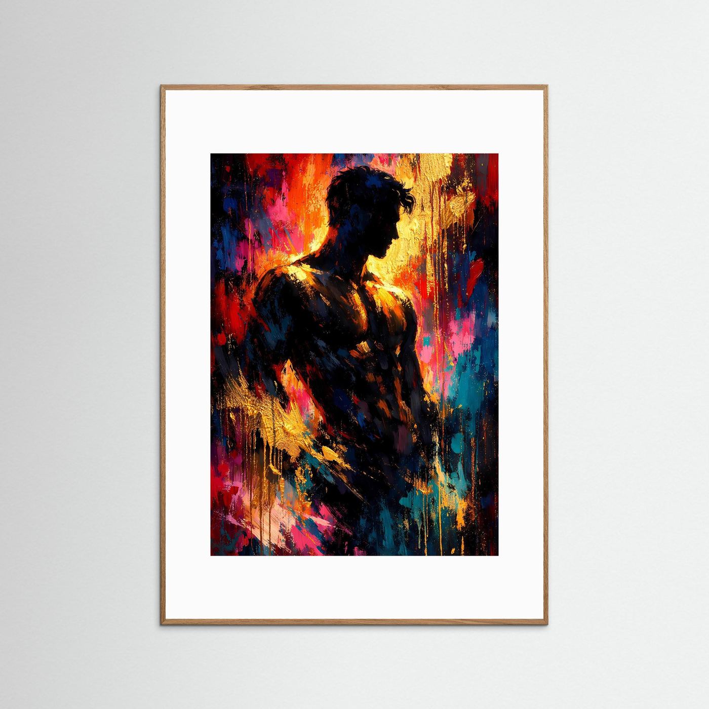 Gerahmtes Kunstposter mit abstrakter Männer-Silhouette, bunte Farb-Spritzer, goldbrauner Holzrahmen
