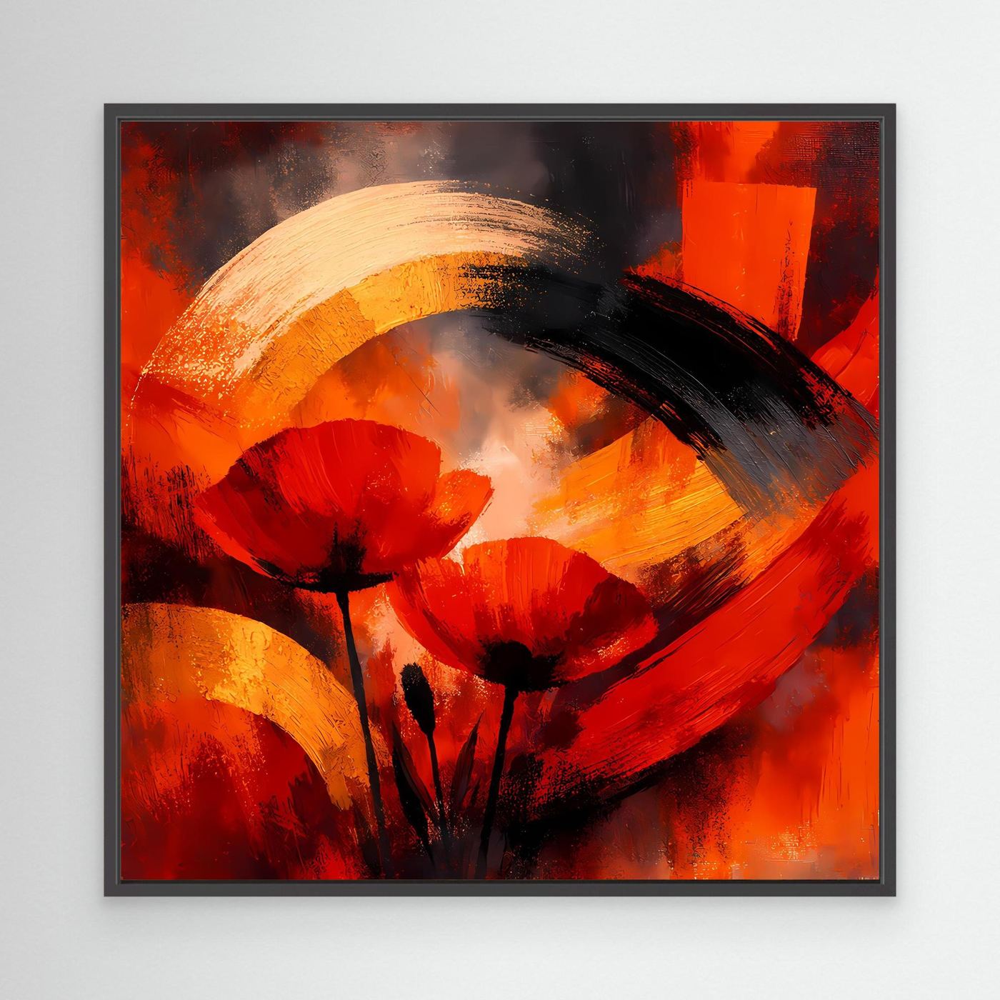 Abstraktes Leinwandbild mit roten Mohnblüten im dunklen Rahmen, Halbmond aus Gelb und Orange