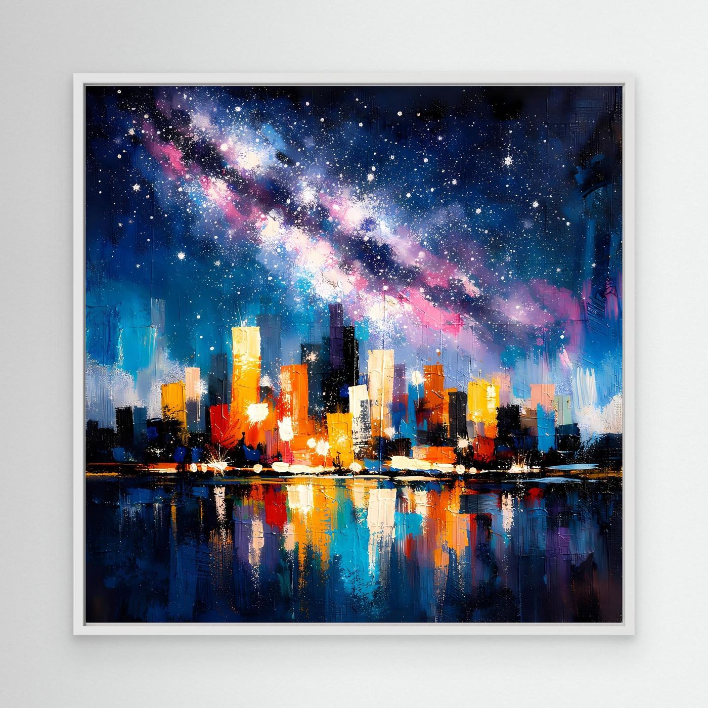White-framed starry city skyline wall canvas art with glowing buildings and nebula sky