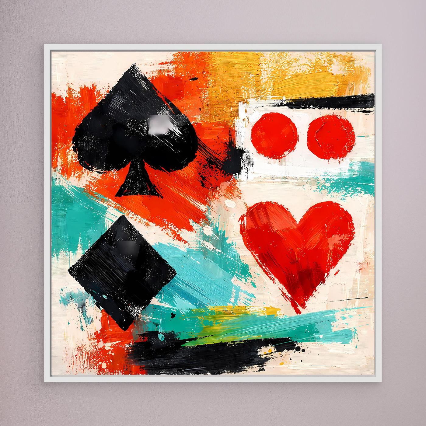 Abstract canvas wall art with black spade and diamond, teal strokes, red hearts; light frame
