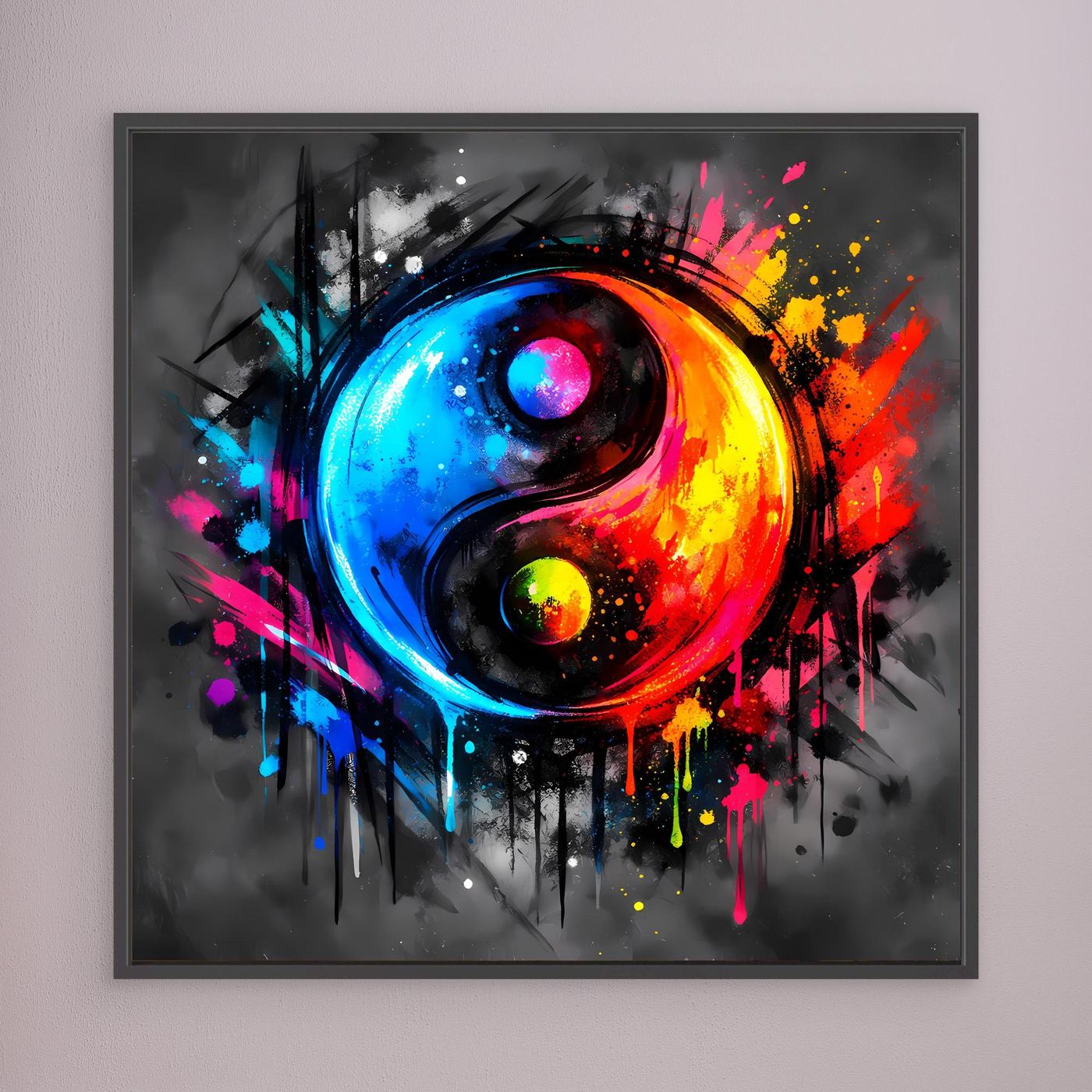 Gerahmtes Leinwandbild mit abstraktem Yin-Yang-Motiv in Blau, Rot, Gelb und Pink