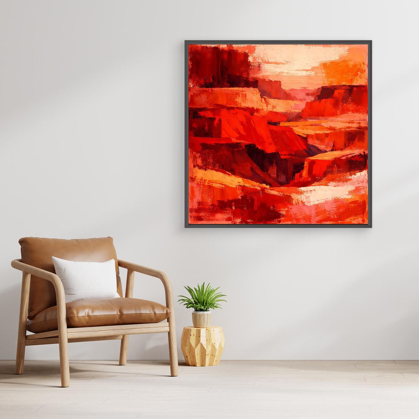 Leinwand-Wandbild mit abstrakter Canyon-Schlucht in Rot und Orange mit dunkel abgesetztem Rahmen