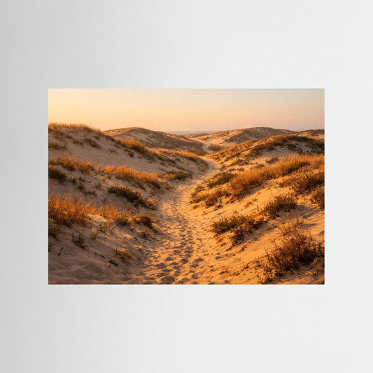 Naturposter Querformat: Pfad durch goldene Dünen mit Sandweg und Dünen