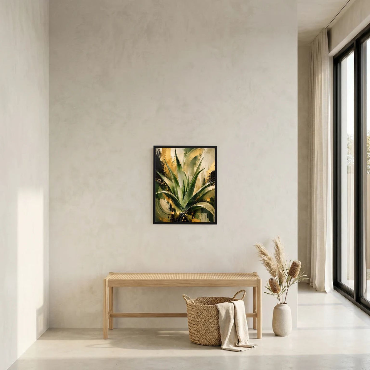 Abstraktes Aloe-Vera-Wandbild mit grünen Blättern und goldfarbenen Details im kleinen schwarzen Rahmen