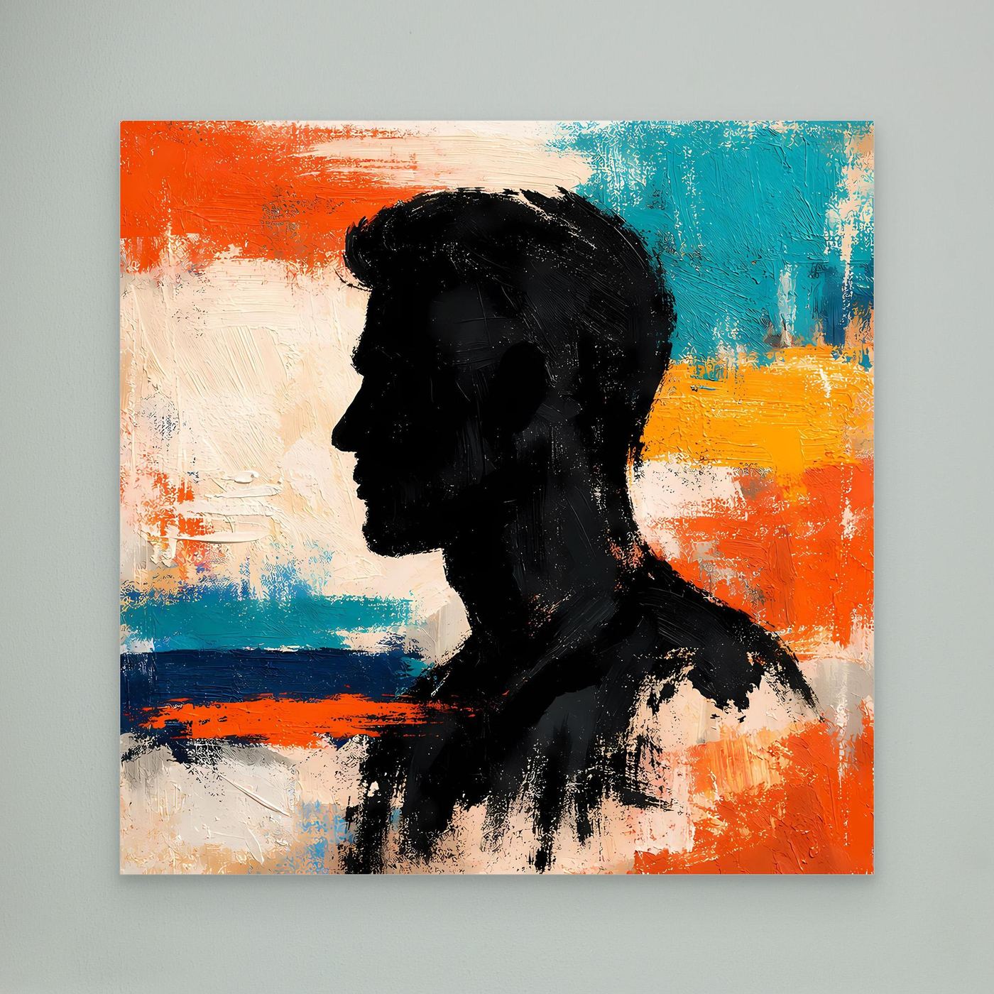 Close-up of abstract canvas wall art with black male side-profile silhouette on bright brush strokes