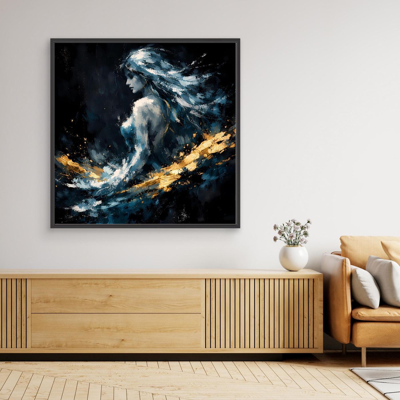 Leinwand Mystische Frauen-Figur in Blau und Gold | Modernes Abstraktes Fantasie Wandbild