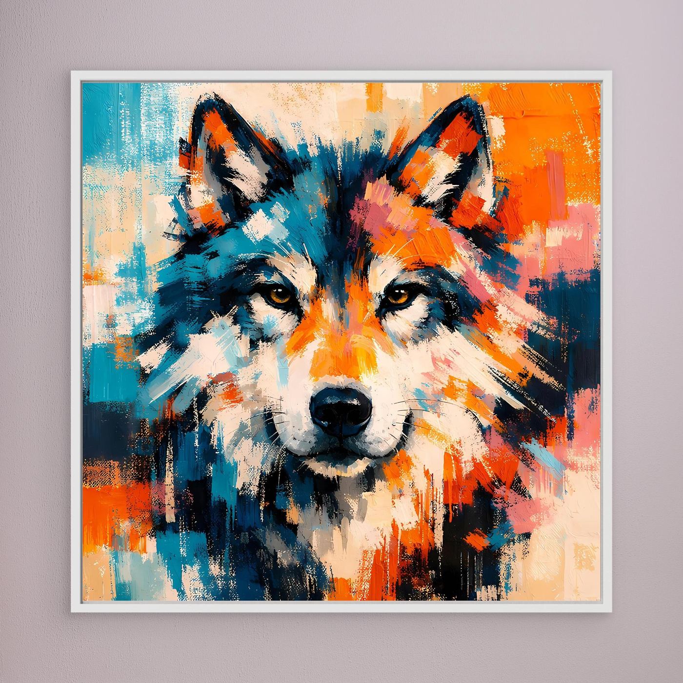 Framed abstract wolf face canvas print with blue, orange, and cream highlights