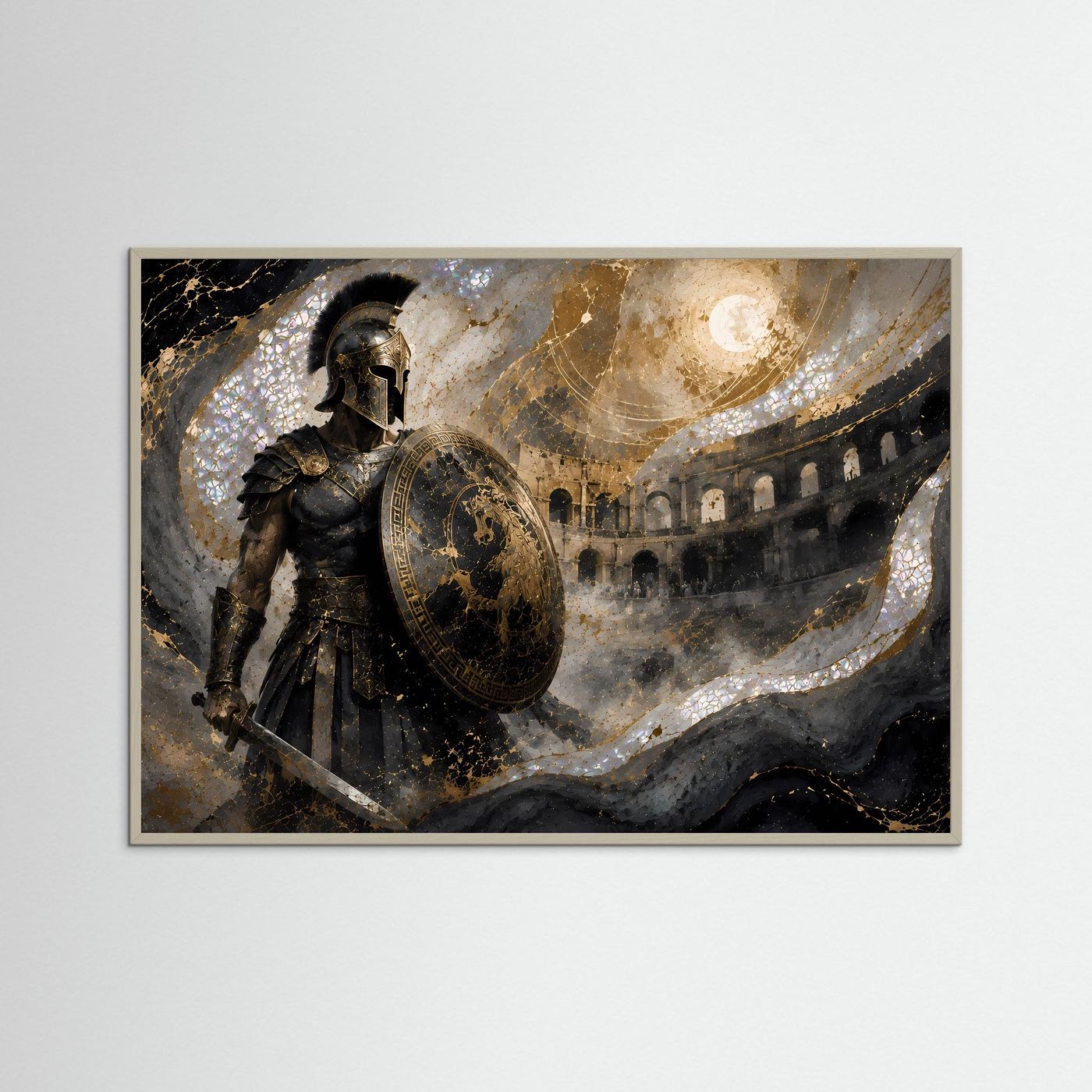Poster im grauem Rahmen: römischer Gladiator im dunklen Rüstzeug mit Rundschild