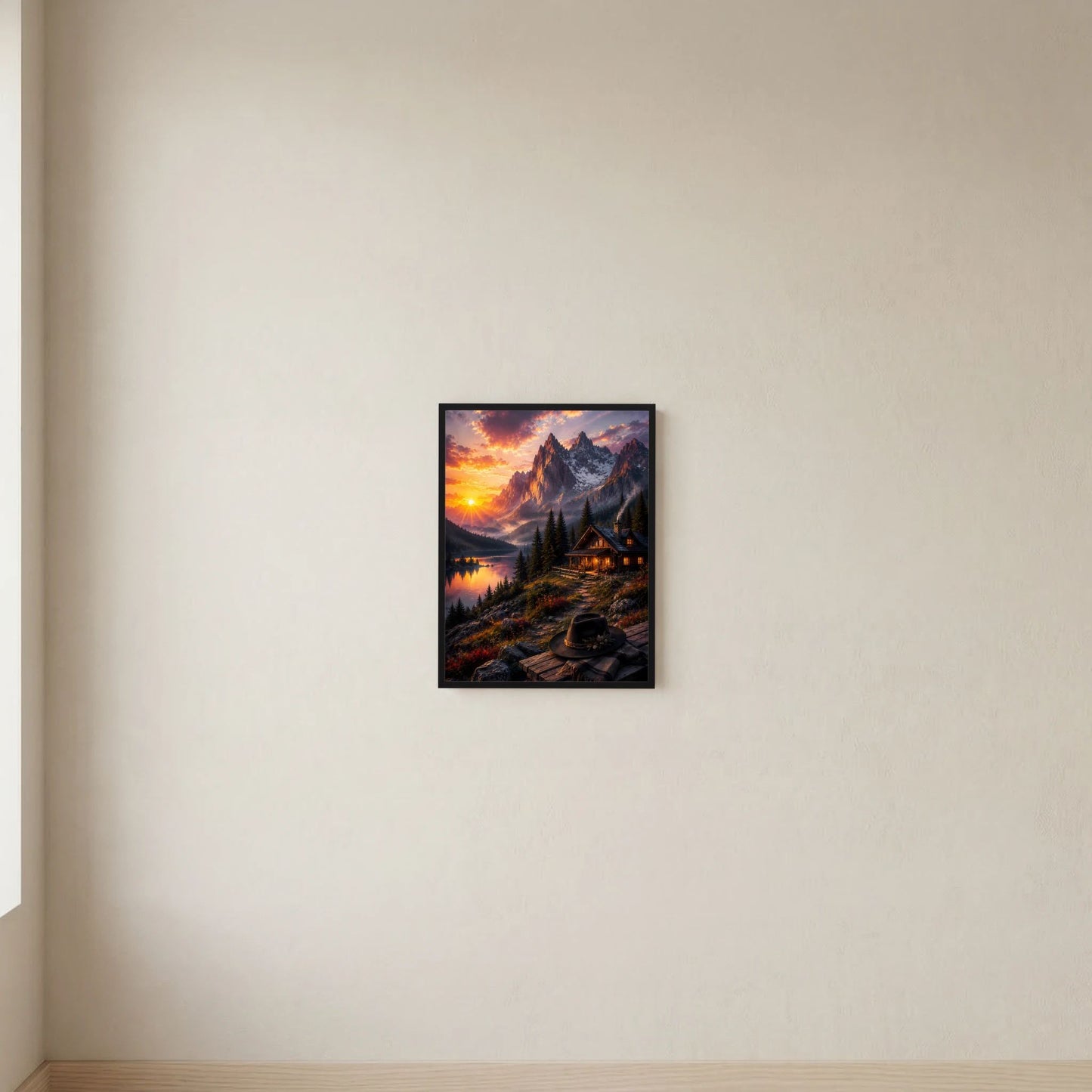 Hochformatiges Poster mit schwarzem Rahmen und Berglandschaft am See bei Sonnenuntergang