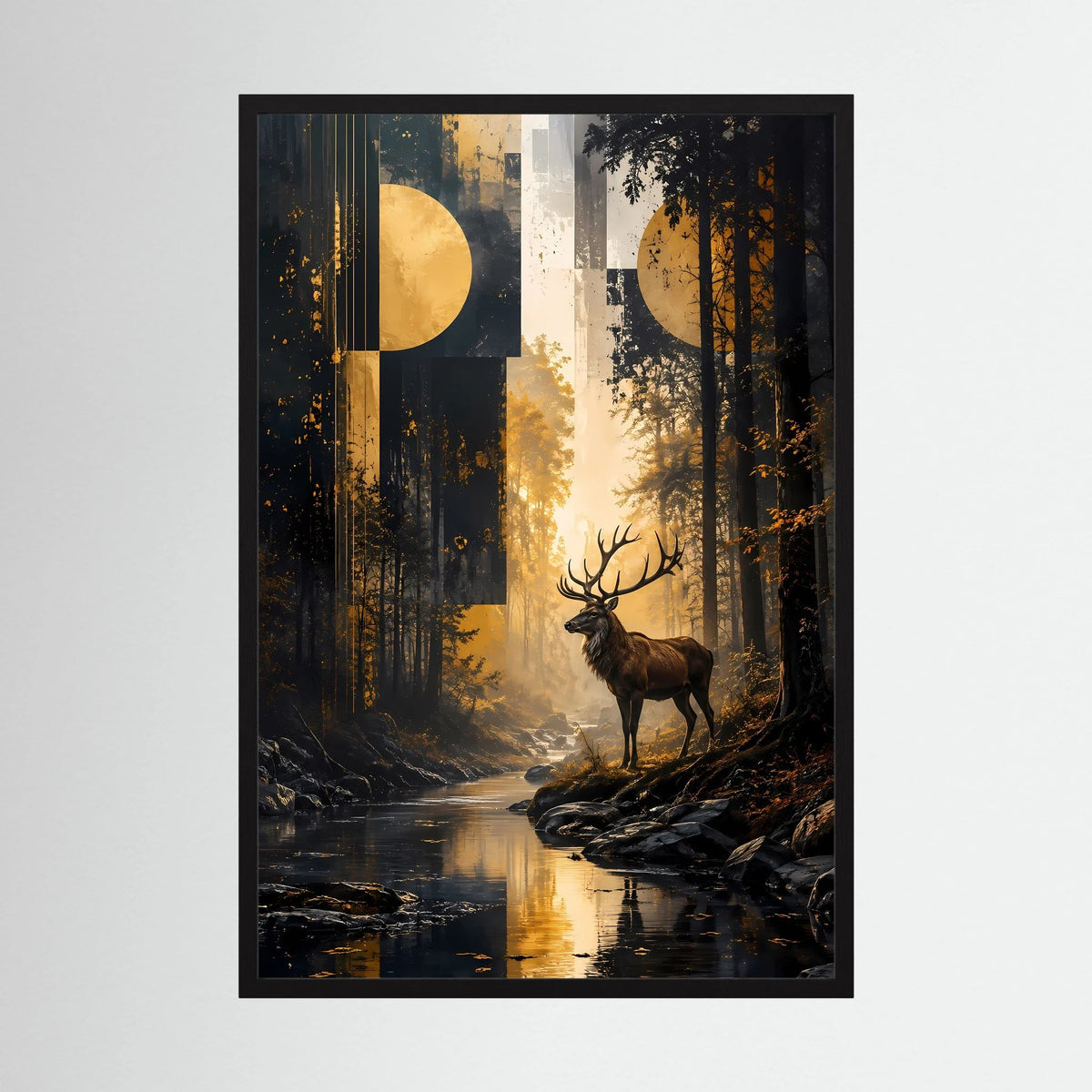 Hirsch-im-Wald-Poster mit schwarzem Rahmen