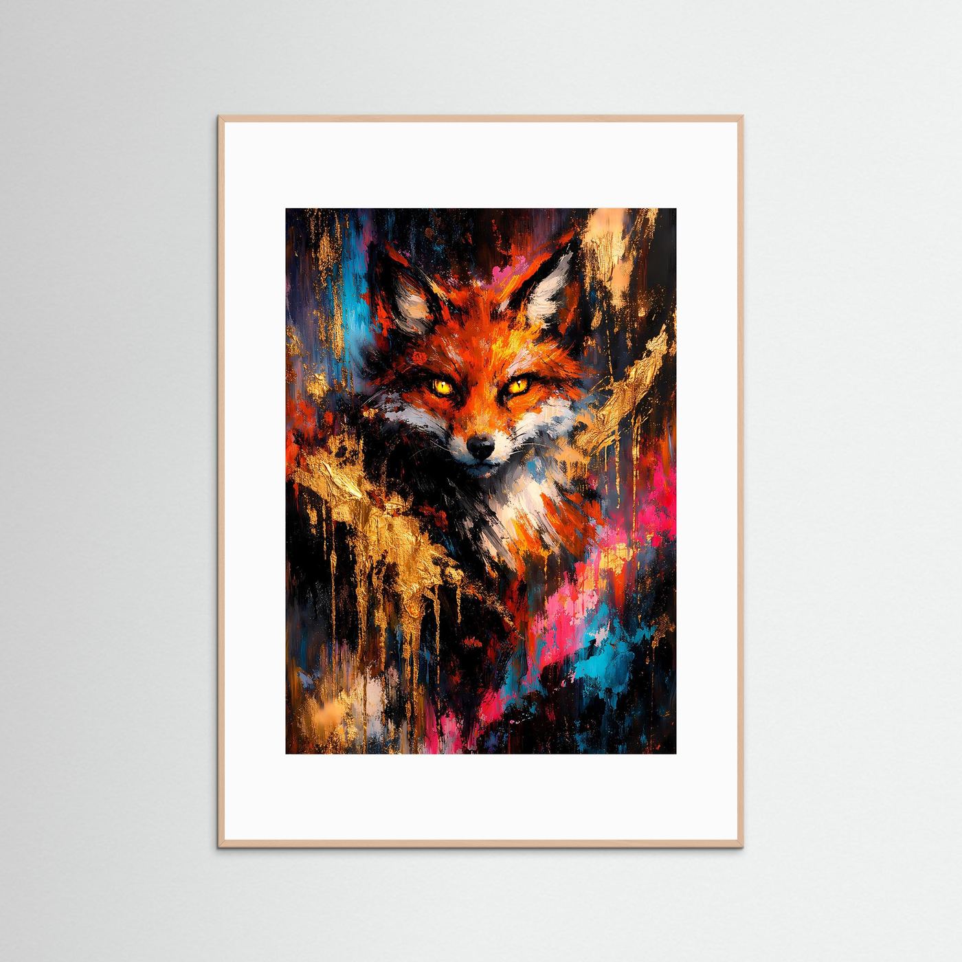 Fuchs-Kunstposter im Hochformat mit Flammenfuchs-Motiv im weißen Rahmen