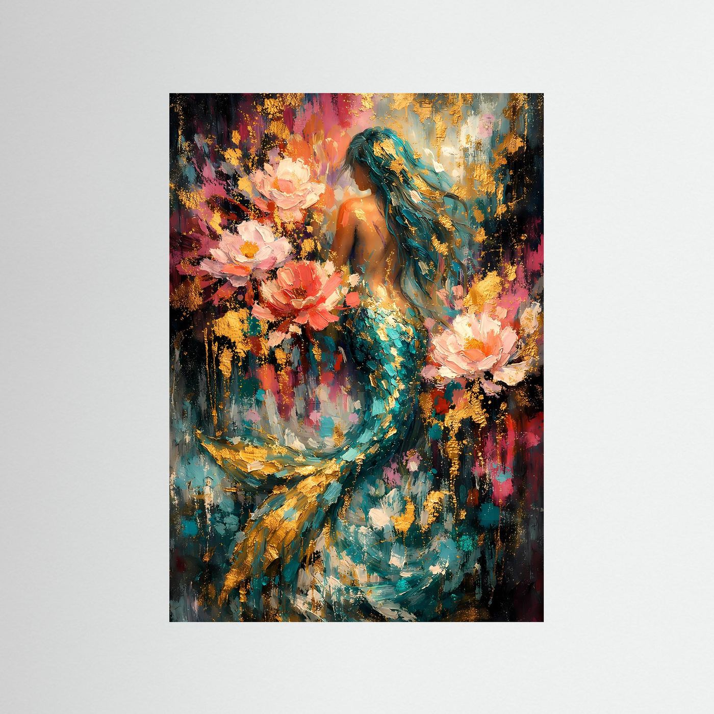 Gerahmtes Fantasy-Kunstposter: Meerjungfrau mit pastellrosa Blumen und türkisfarbenem Schwanz