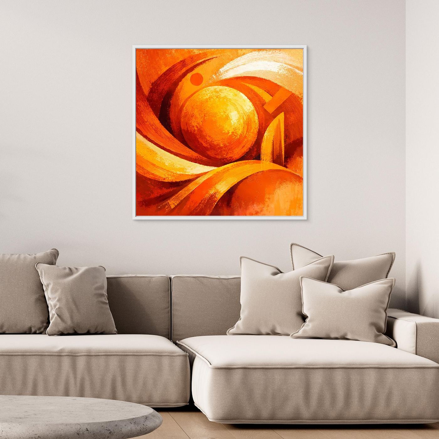 Quadratisches Wandbild mit abstrakter Sonne und gelben Bahnen, orange Töne, schwarzer Rahmen