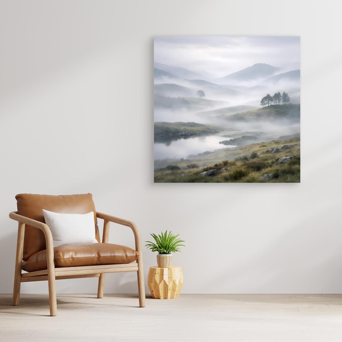 Leinwandbild mit Bergsee im Nebel, abstrakte Landschaft ohne sichtbaren Rahmen