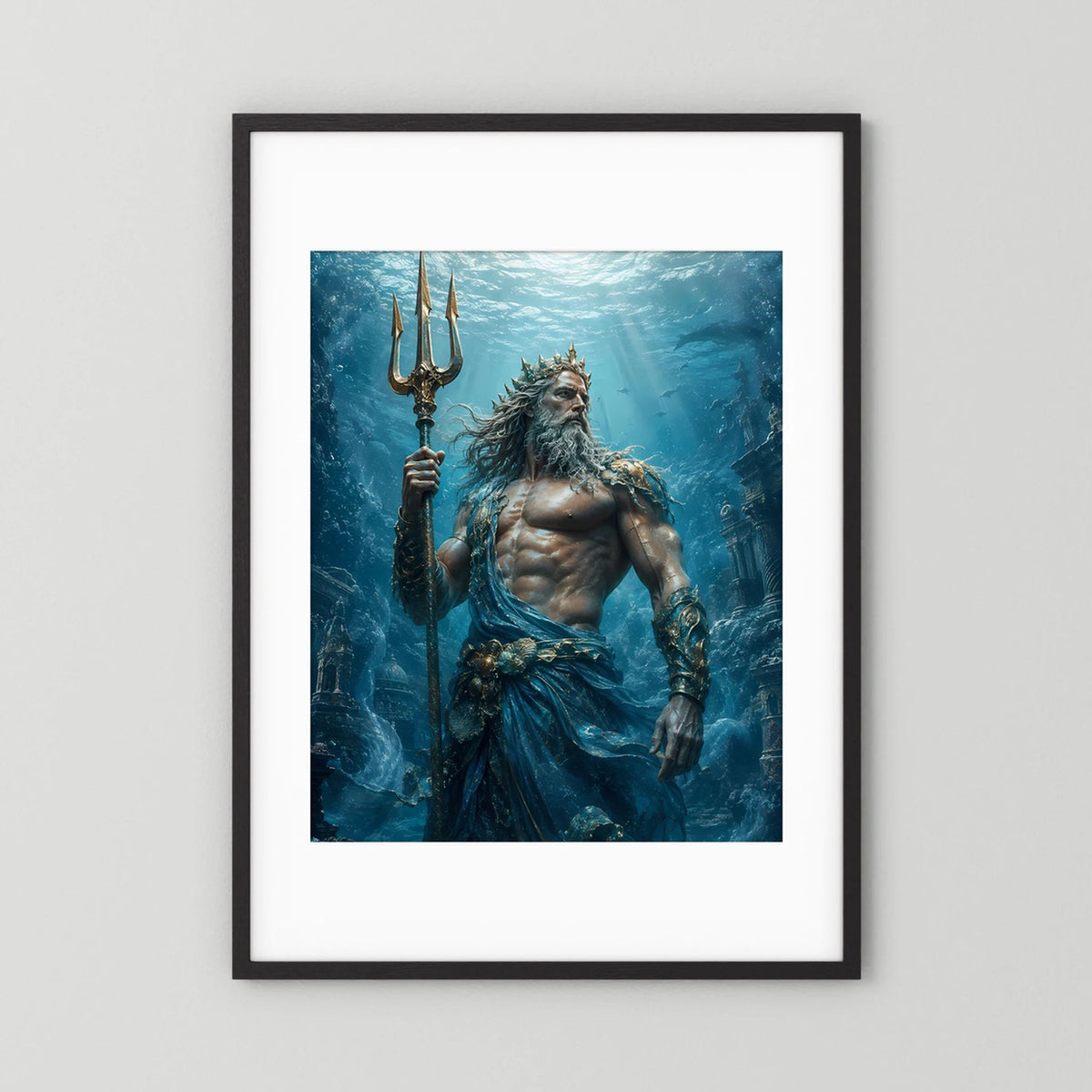 Vertikales Poster mit Poseidon und goldenem Dreizack, weißer Rand und schwarzer Rahmen