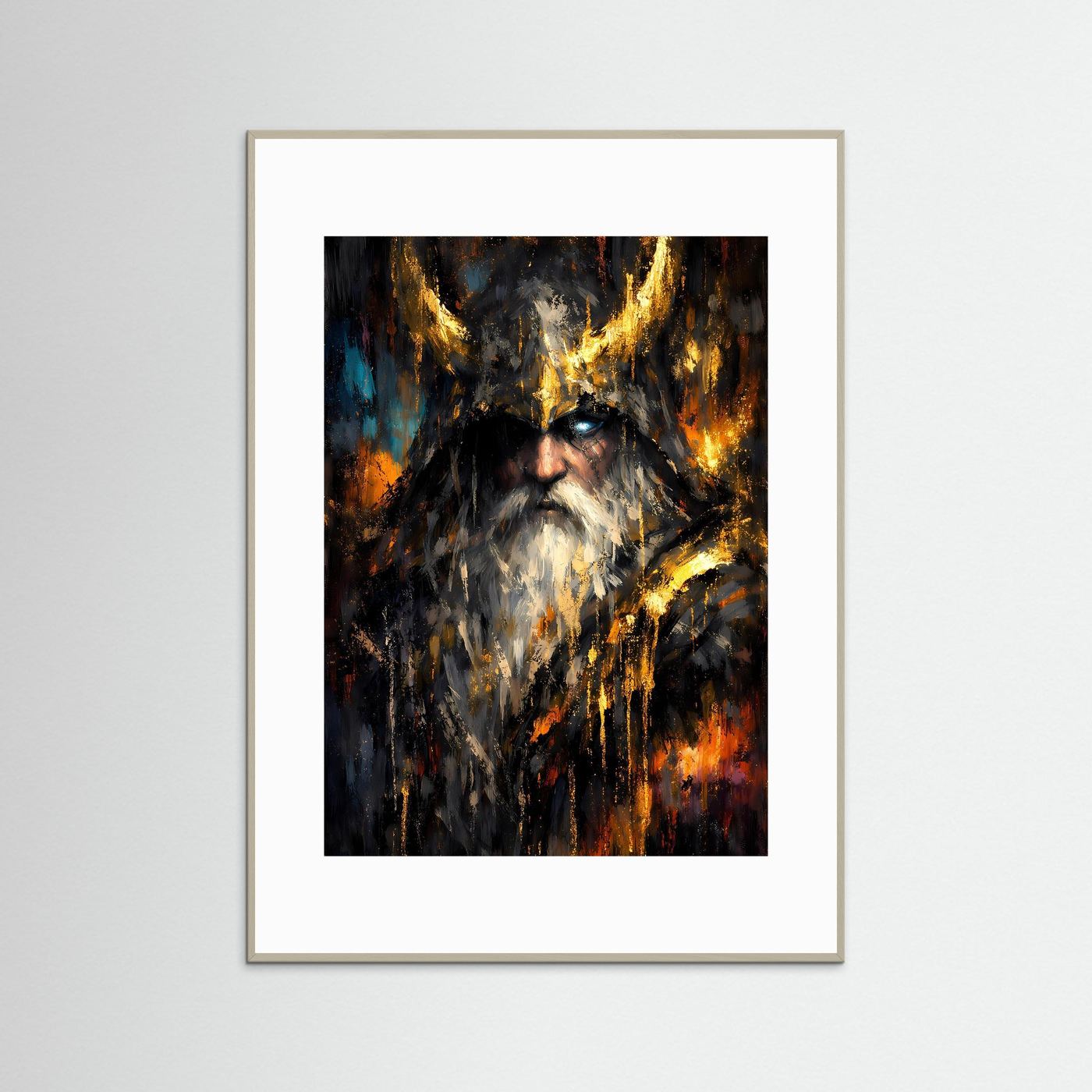 Wikinger-Poster mit Odin, goldenen Flammen und Schatten, dunkel, beiger Rahmen