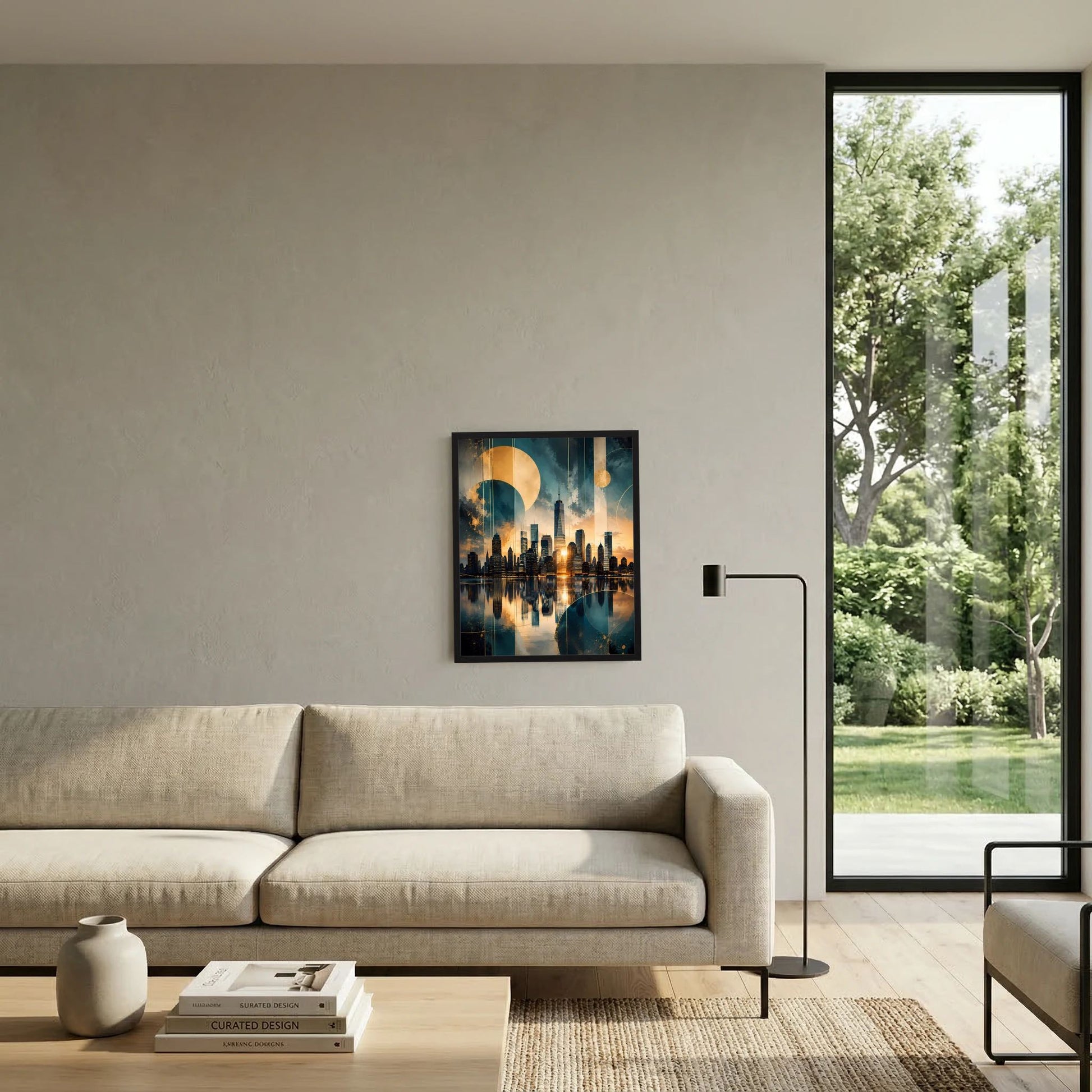 Gerahmtes Wandposter mit abstrakter Manhattan-Skyline in Gold und Petrol, rechteckig