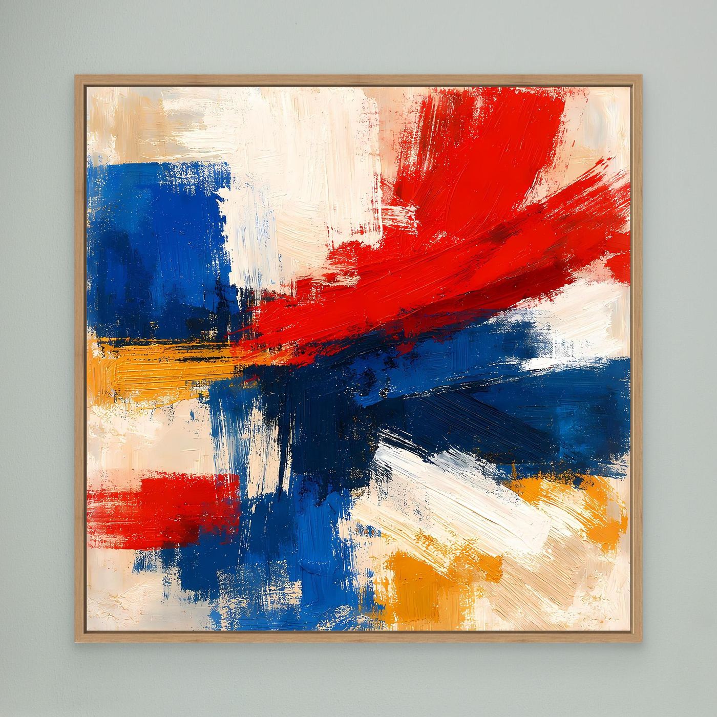 Framed abstract canvas wall art with red, blue, and yellow brushstrokes; oak frame