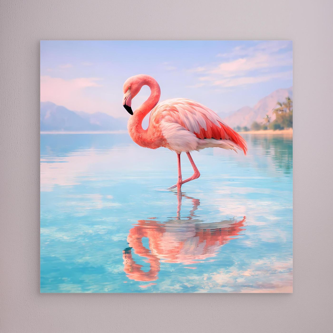 Wandbild Flamingo am See mit Spiegelung, ohne sichtbaren Rahmen