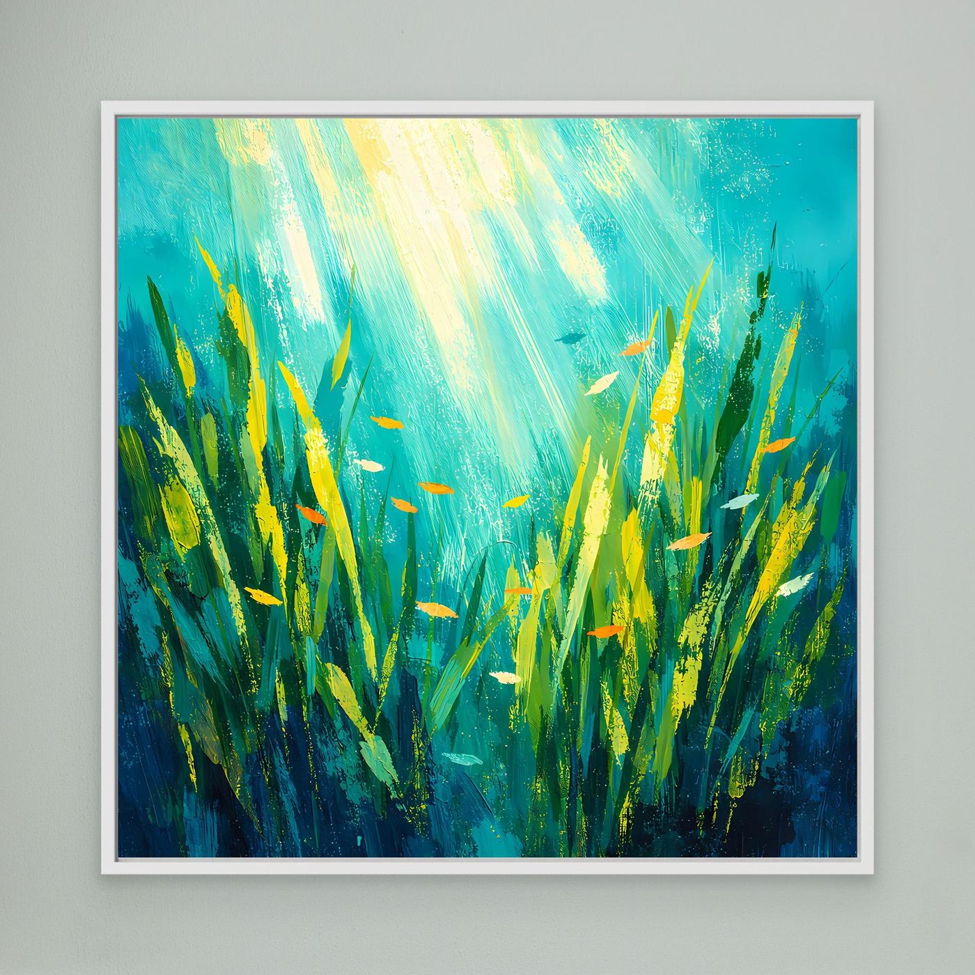 Leinwand Lichtdurchfluteter Algenwald unter Wasser | Abstraktes Ozean Wandbild