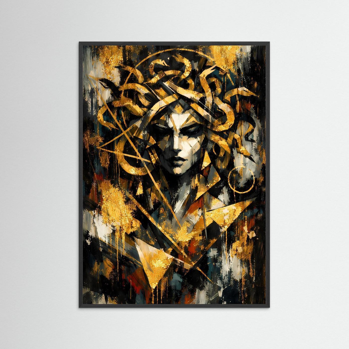 Mythologie-Poster im Hochformat mit Medusa-Porträt in Gold-, Schwarz- und Weißtönen, mit dunklem Rahmen