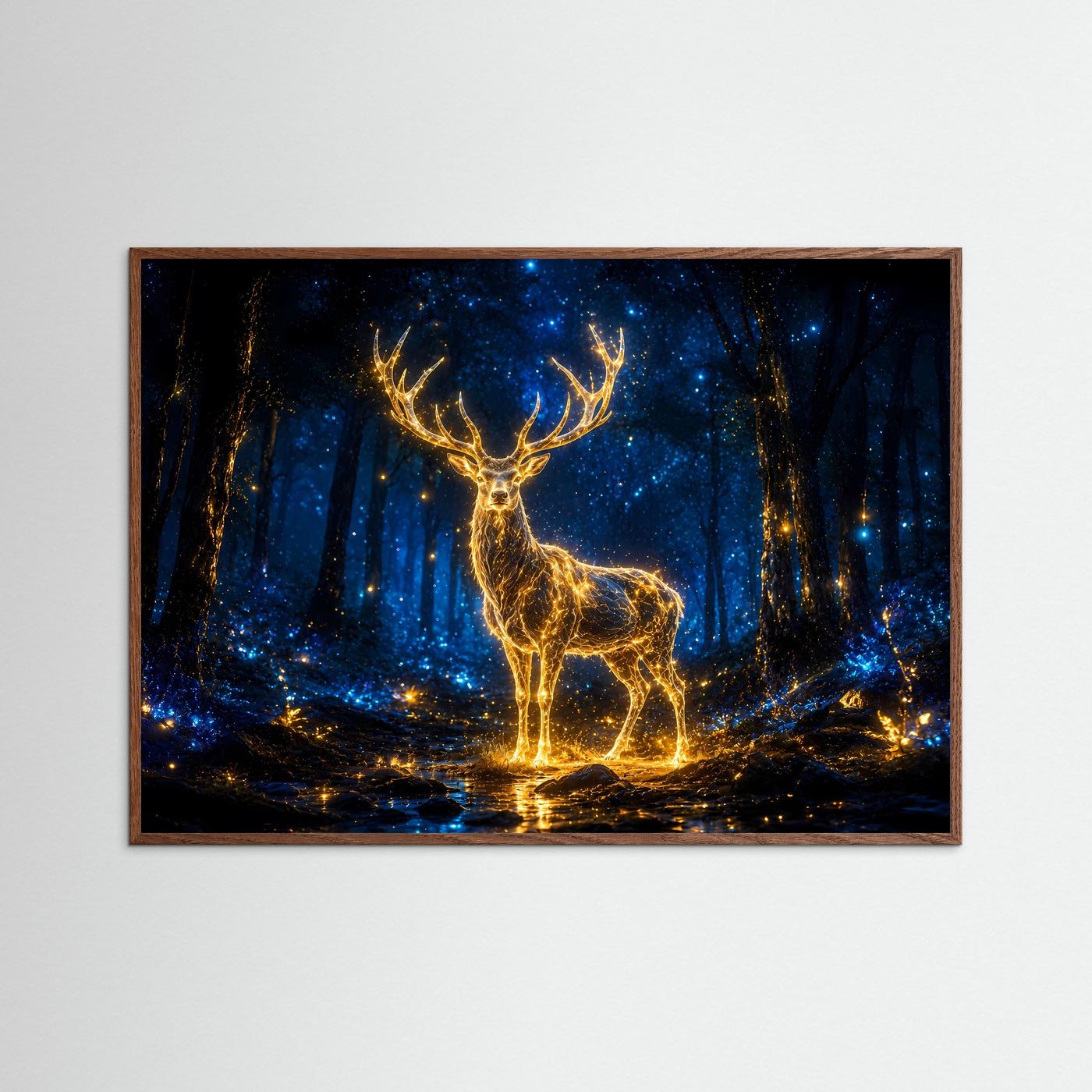 Leuchtender Hirsch Poster | Mystischer Wald Wandbild | Magisches Hirschmotiv in Blau und Gold
