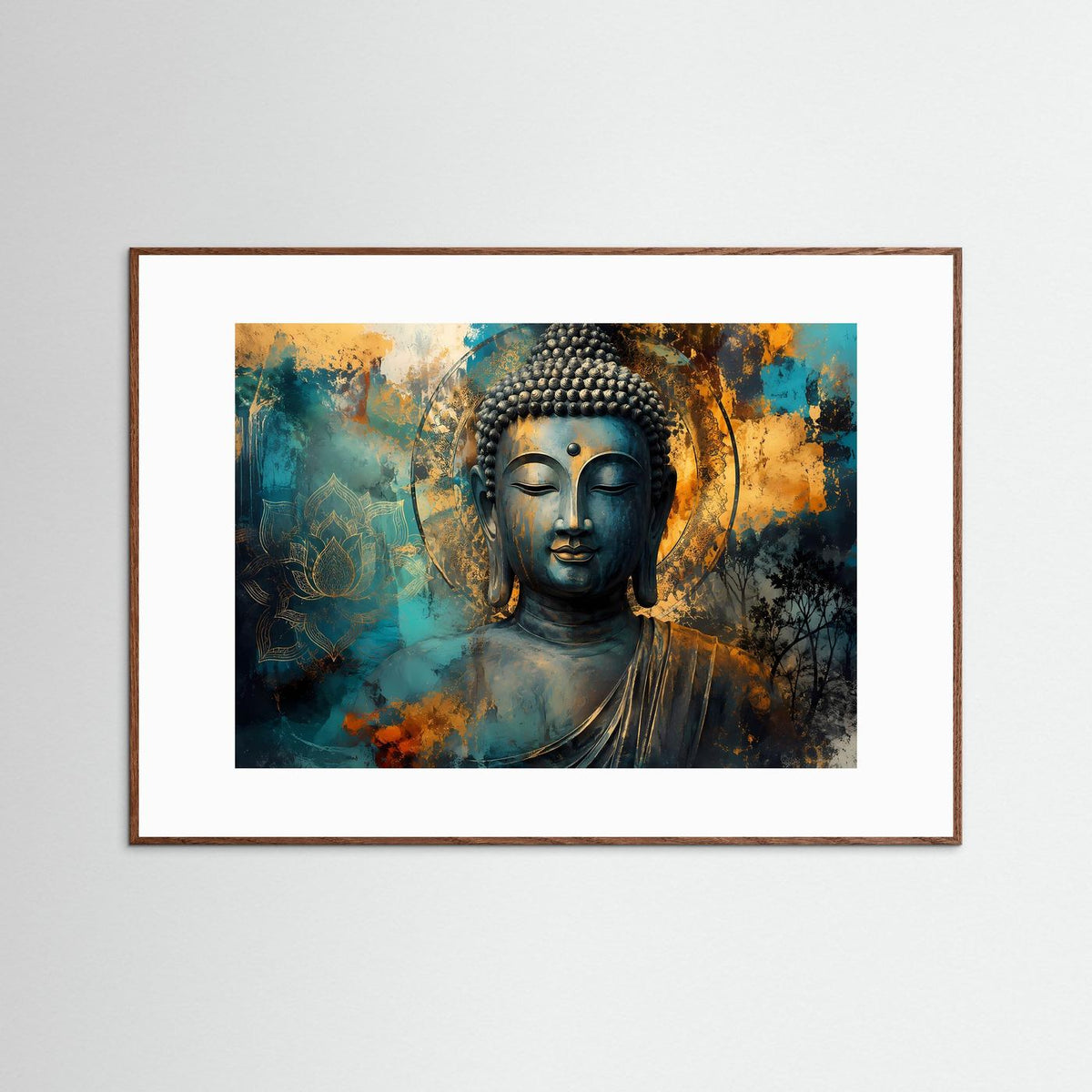 Meditationsposter im Querformat mit Buddha-Motiv und Lotusblüte, türkisfarbener Hintergrund, dunkelbrauner Holzrahmen