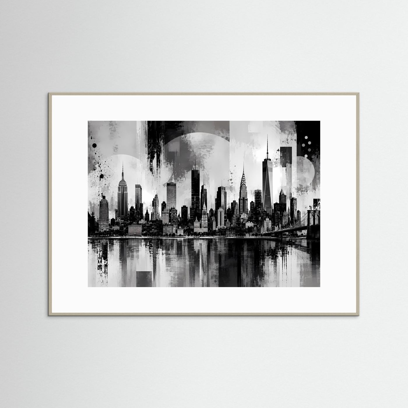 Schwarzweiß-Stadtposter mit Skyline über Fluss und Brücke, im hellem Holzrahmen