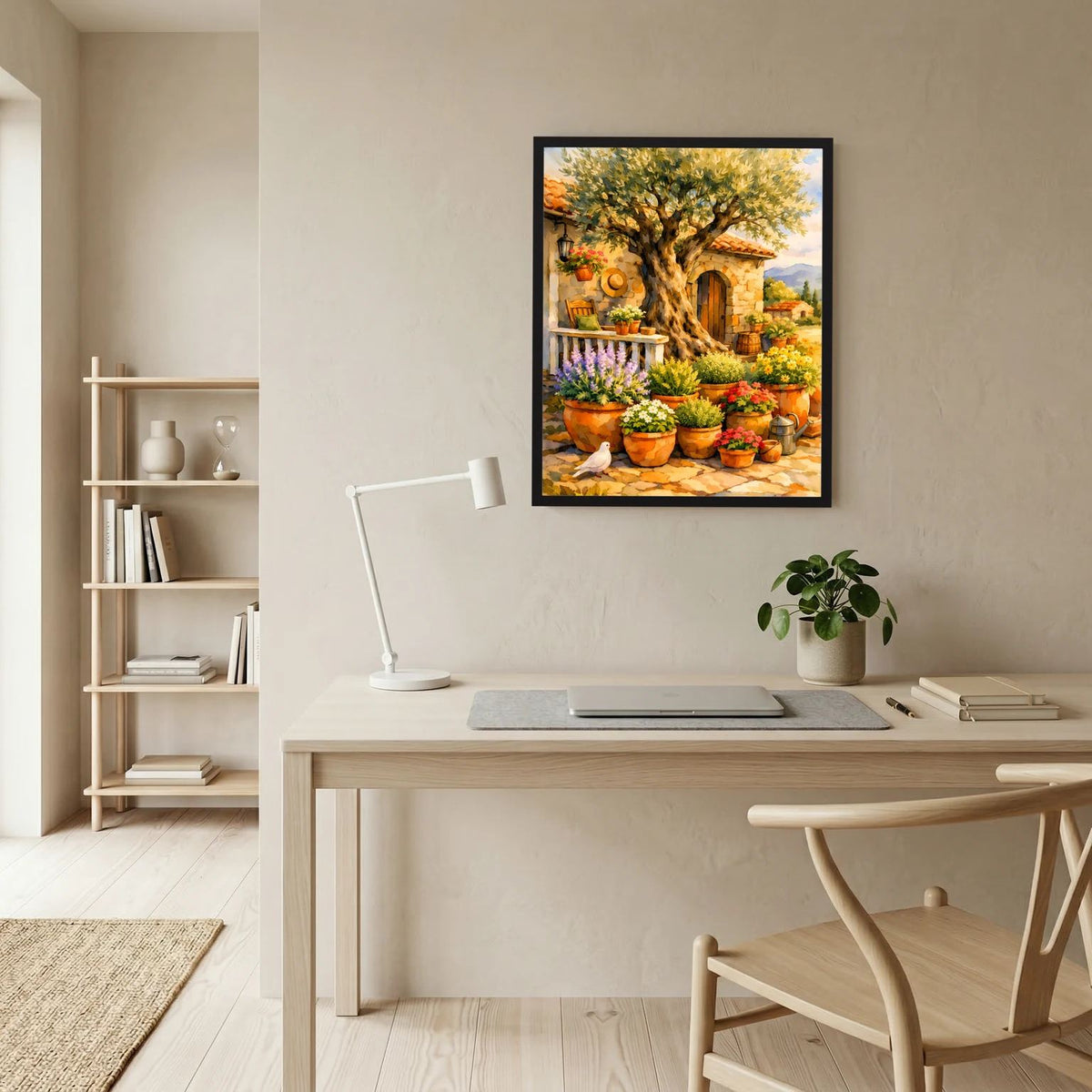 Wandbild mit Olivenbaum-Illustration: Blumentöpfe, Blumenbeete und mediterrane Eingangstür