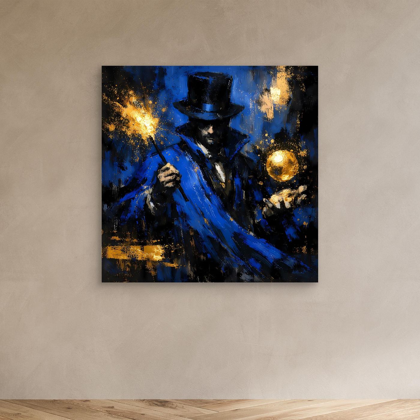 Leinwand Mystischer Magier in Blau und Gold | Abstraktes Fantasy Wandbild Moderne Kunst