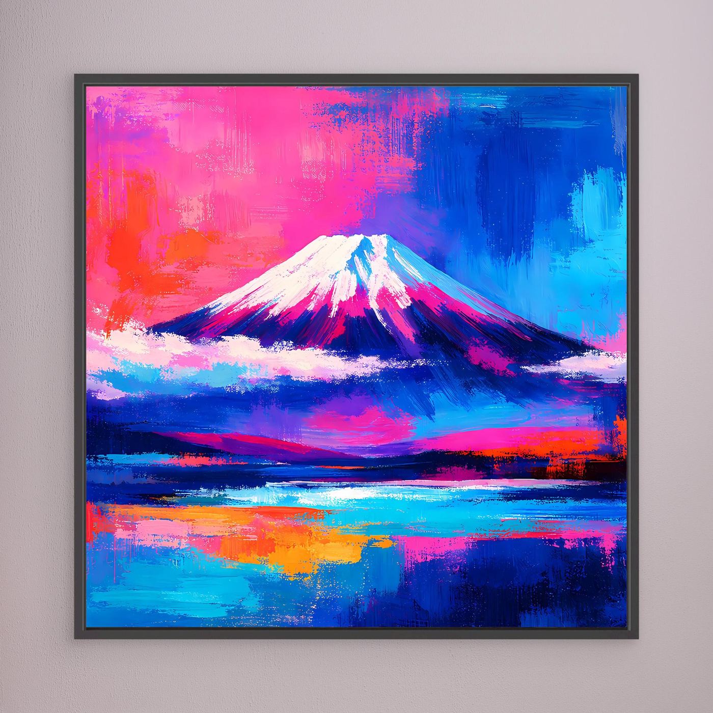 Leinwandbild Abstrakter Fuji bei Sonnenuntergang | Farbenfrohes Berg Wandbild auf echtem Holzkeilrahmen