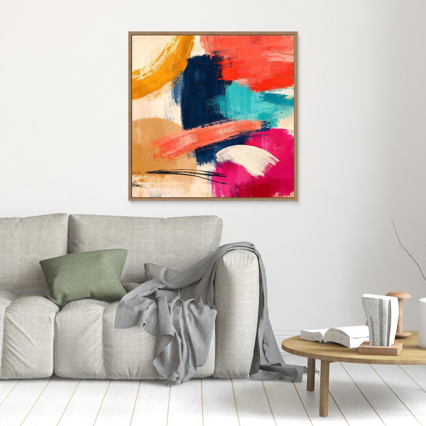 Hochkantes abstraktes Leinwand-Wandbild mit Pinselstrichen in Rot, Blau, Türkis, Rosa und Gelb, braun gerahmt