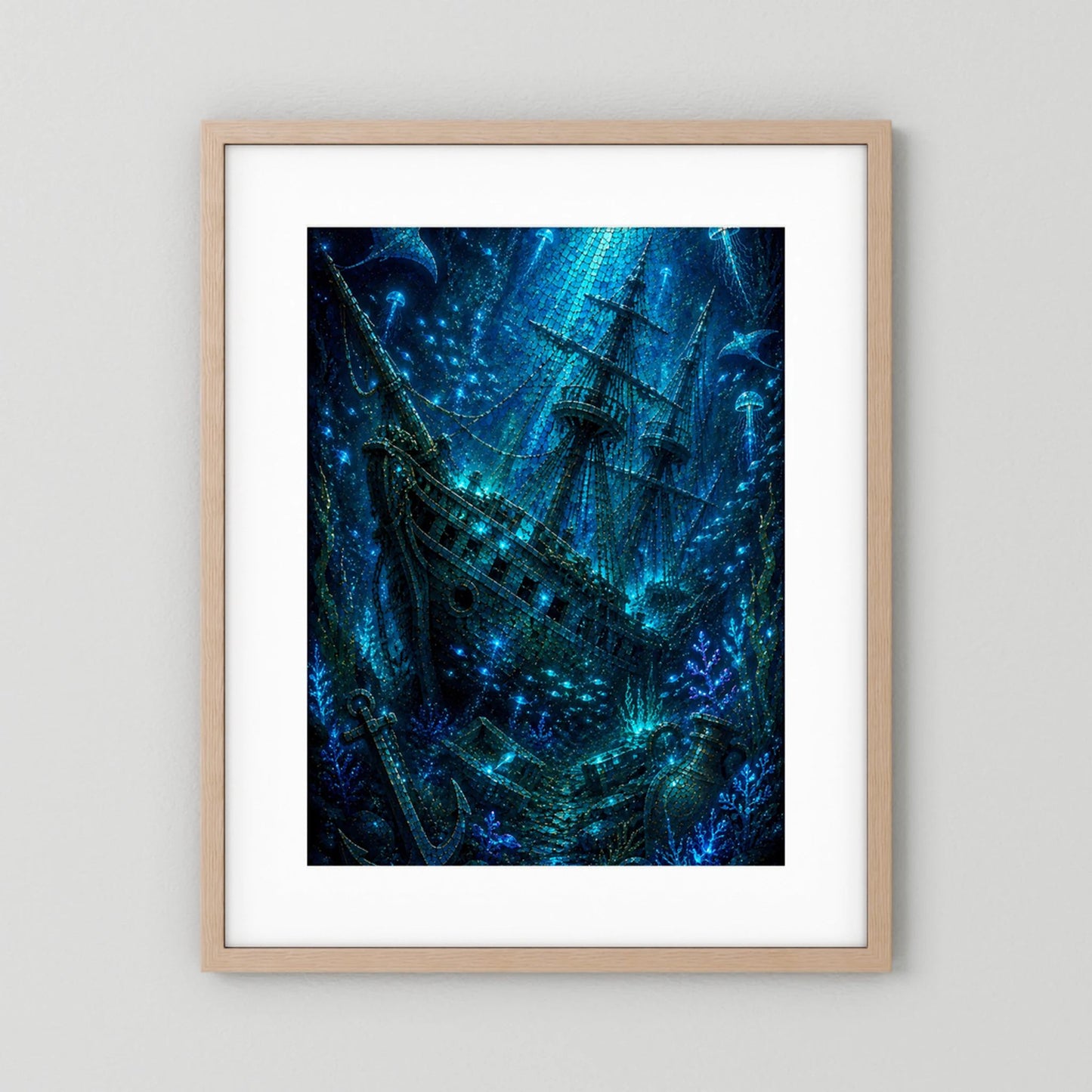 Kunstposter mit Unterwasser-Schiffsmotiv, heller Holzrahmen und weißer Rand