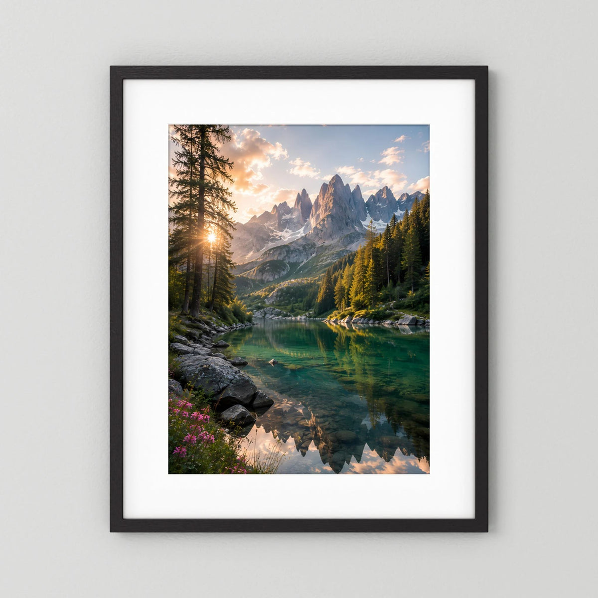 Bergsee im Sonnenuntergang | Alpenlandschaft mit Wald & Spiegelung | Poster Hochformat