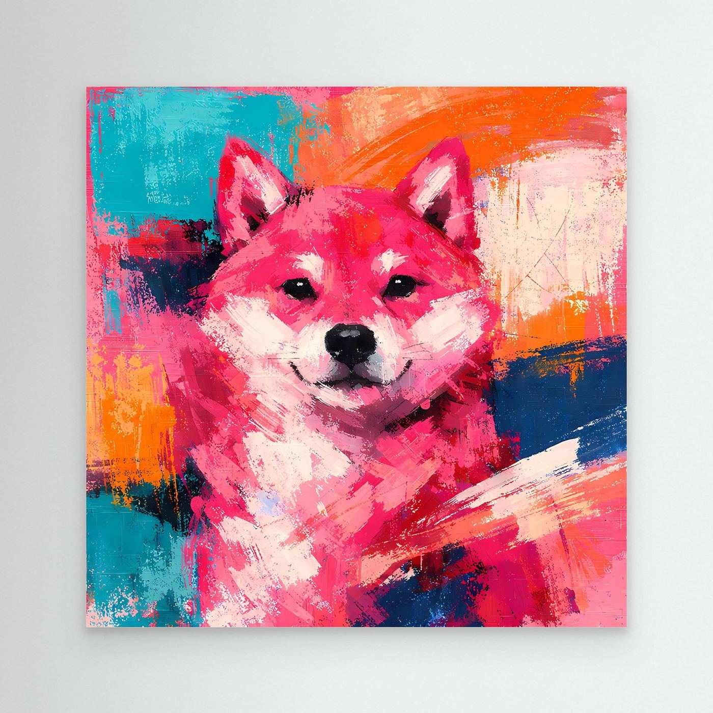Shiba-Inu-Wandbild auf Leinwand, farbenfrohe Pop-Art-Malerei in Pink und Blau