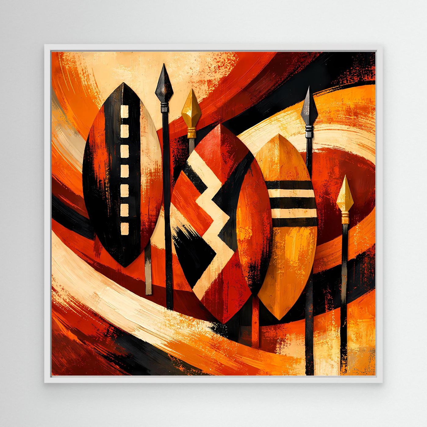 Leinwandbild afrikanische Schilde mit weißem Rahmen, warme Farben, schwarze geometrische Formen