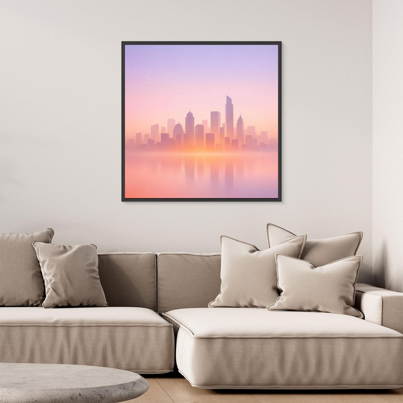 Quadratisches Leinwand-Wandbild mit Skyline im Dunst in Pastell, schwarzer Rahmen