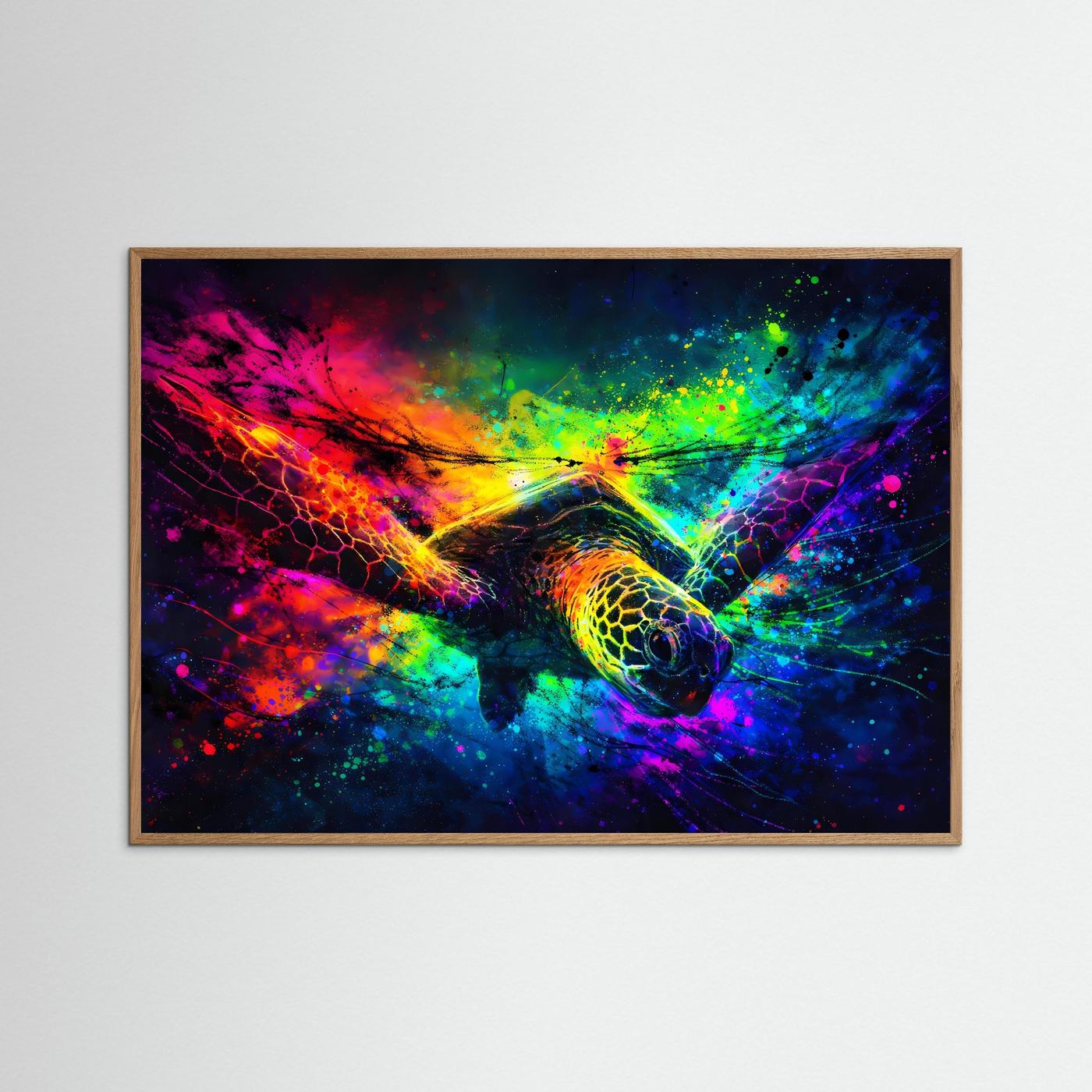 Neon Meeresschildkröten-Poster mit braunem Holzrahmen, Querformat