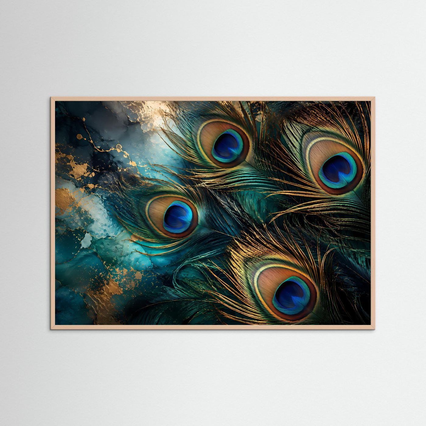Pfauenfedern Poster | Elegante Pfauenfeder Wandkunst mit Goldakzenten | Luxuriöse Abstrakte Naturkunst | Türkis Blau Gold | Premium Leinwand & Wall Art
