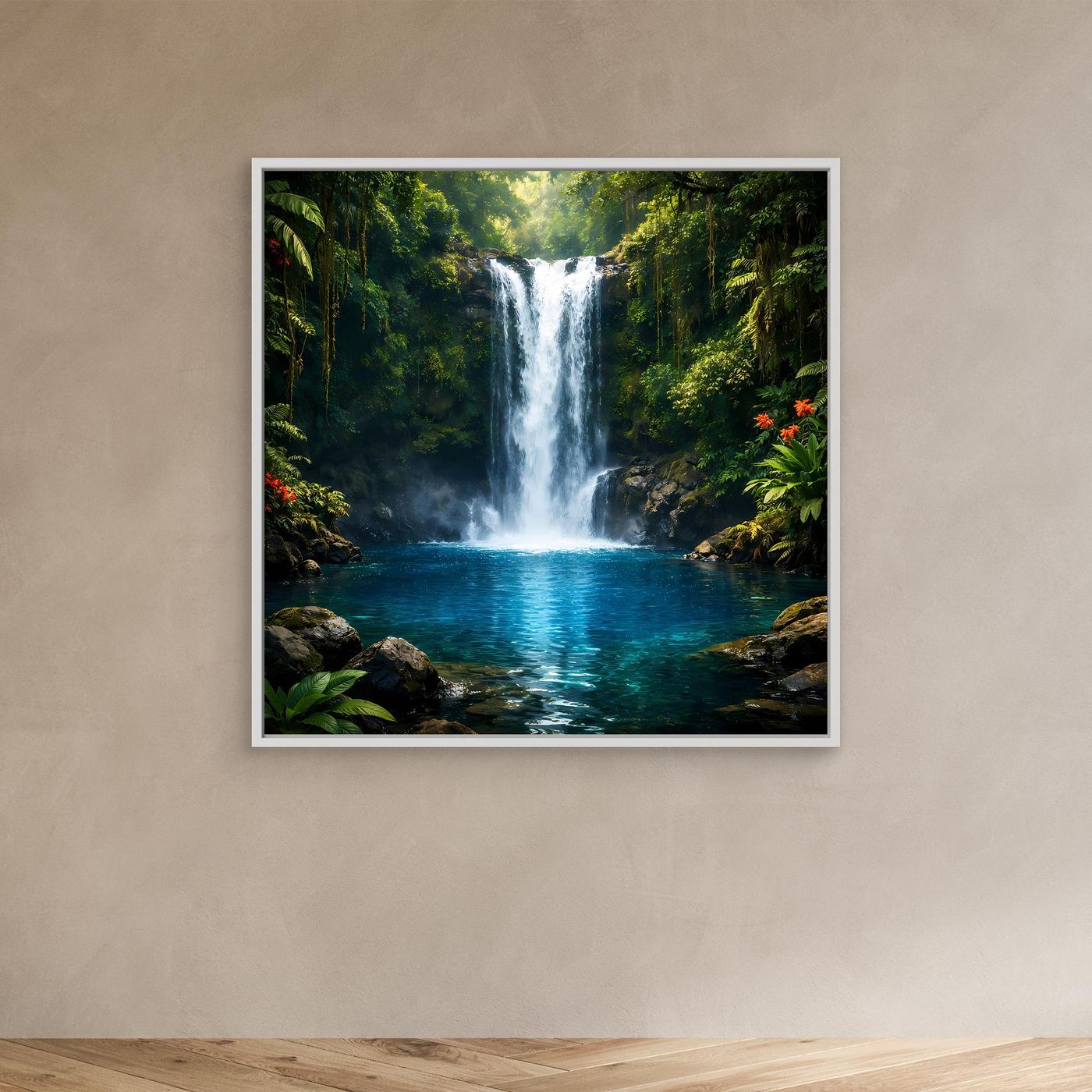 Leinwandbild mit Dschungel-Wasserfall und türkisblauem Wasser, weißer Rahmen