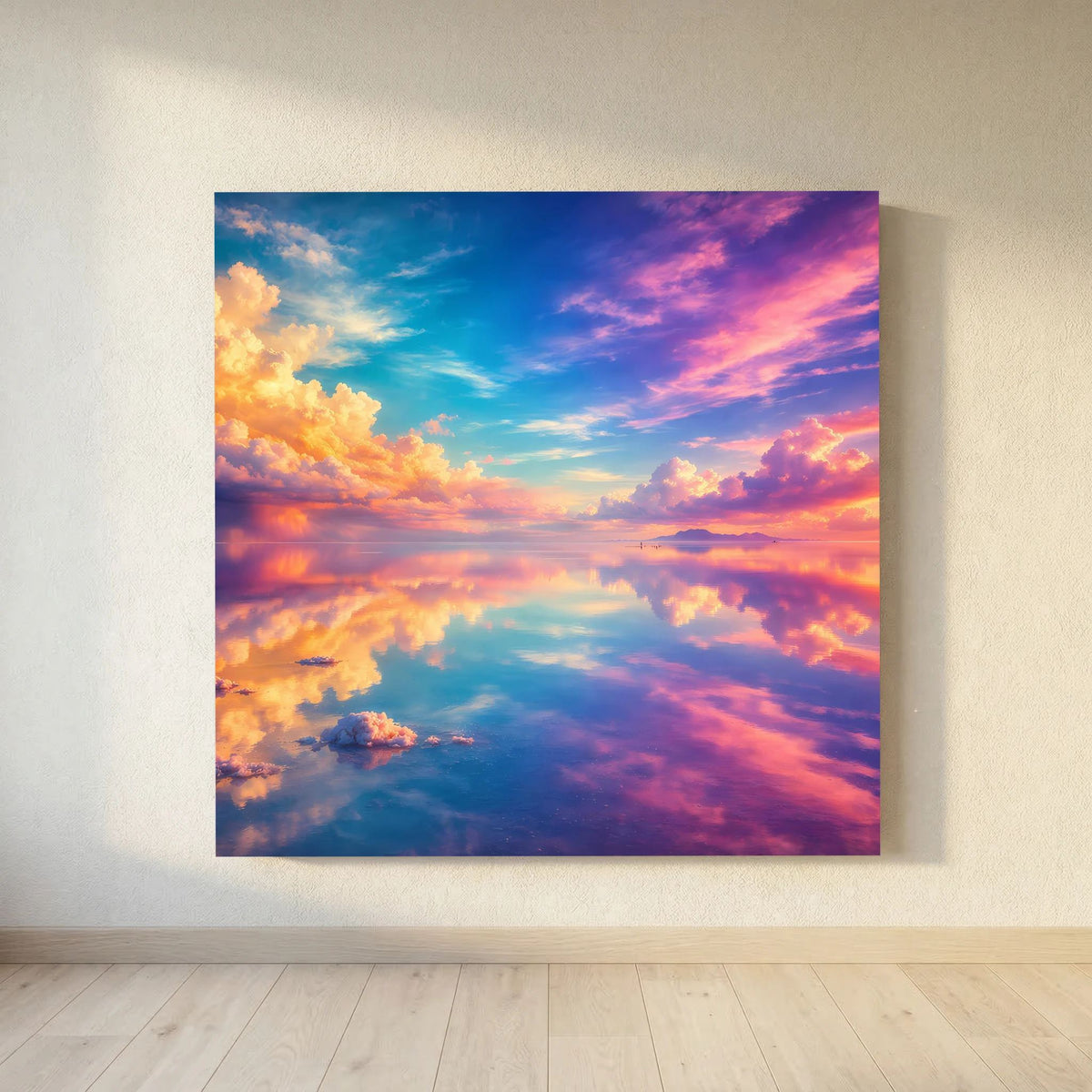 Quadratisches Leinwandbild mit farbintensivem Himmel: Blau, Violett und Orange