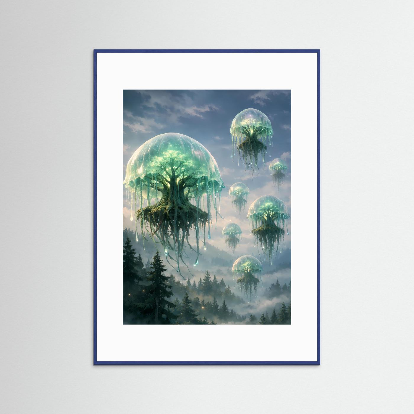 Kunstposter im Hochformat mit blauem Rahmen; schwebende Quallen über nebligem Wald