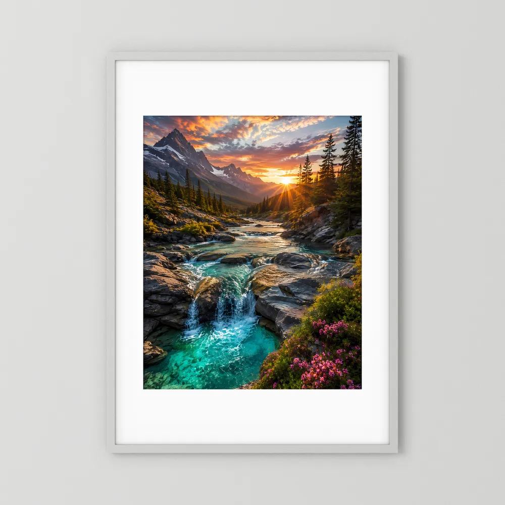 Hochformat-Poster mit türkisem Wasserfall im Alpen-Tal bei Sonnenuntergang, weißer Rahmen